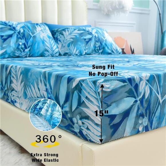 Blue Tropical Leaves Print Sheet Set Queen, 4 Piece Soft Pattern Microfiber - Picture 3 of 7